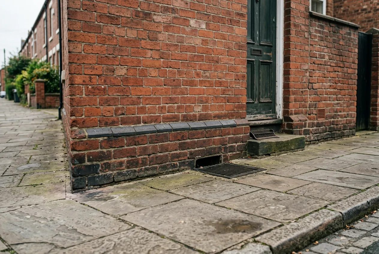Base of a red-brick Victorian terrace wall showing a slate damp proof course above pavement level