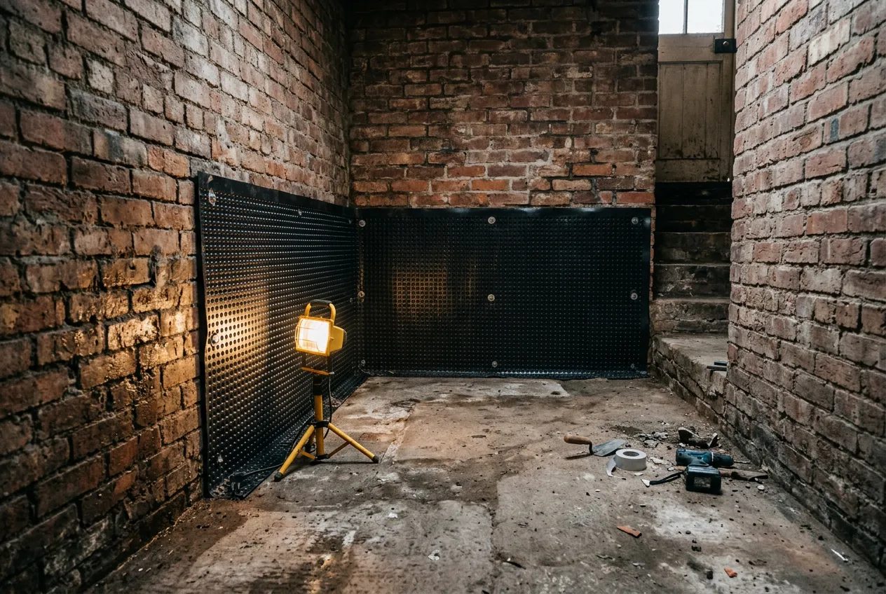 Brick cellar with a studded waterproofing membrane fixed to one wall