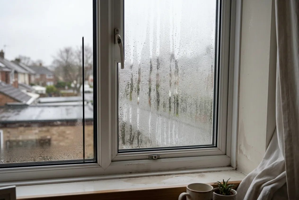 Condensation running down the inside of a double-glazed bedroom window on a cold morning