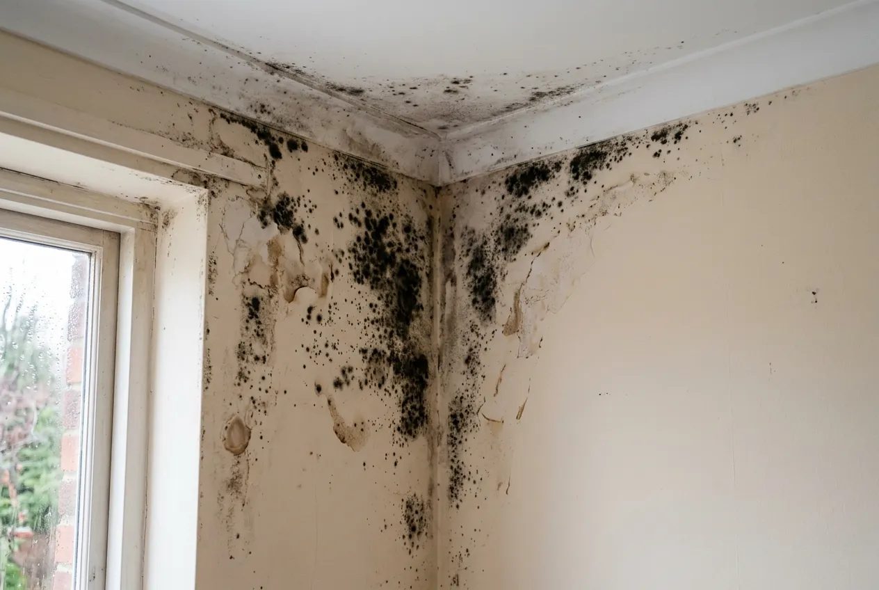 Black spot mould growth in the cold external corner of a bedroom wall