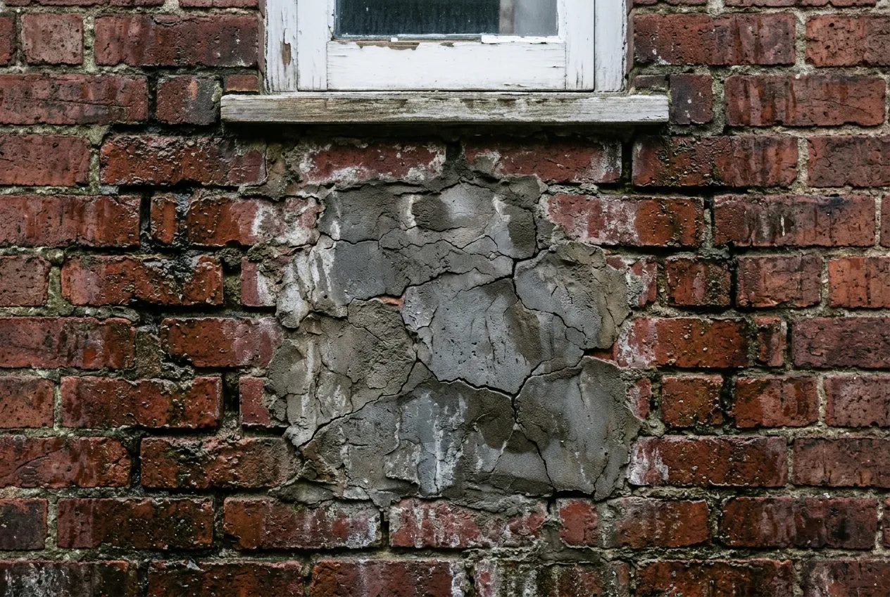 Cracked render patch and eroded mortar joints below a window sill on a brick wall