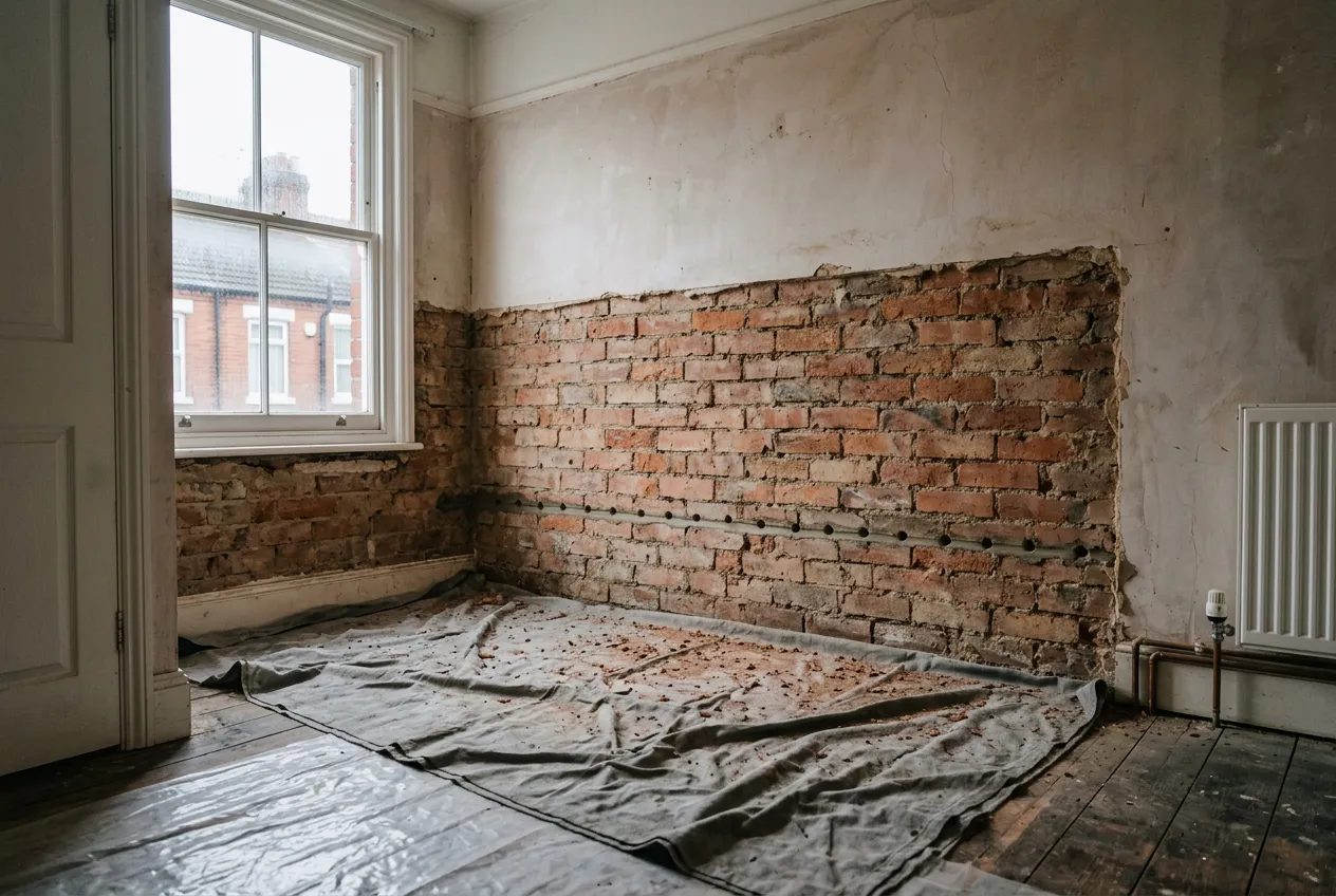 Interior wall with plaster removed to bare brick and a line of damp proof course injection holes