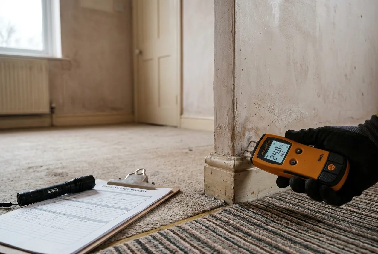 Moisture meter held against the base of a plastered wall beside a damp survey report